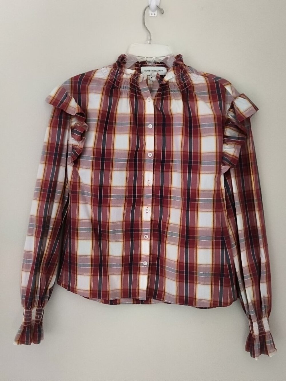 Something Navy  Plaid Ruffled Top Size M